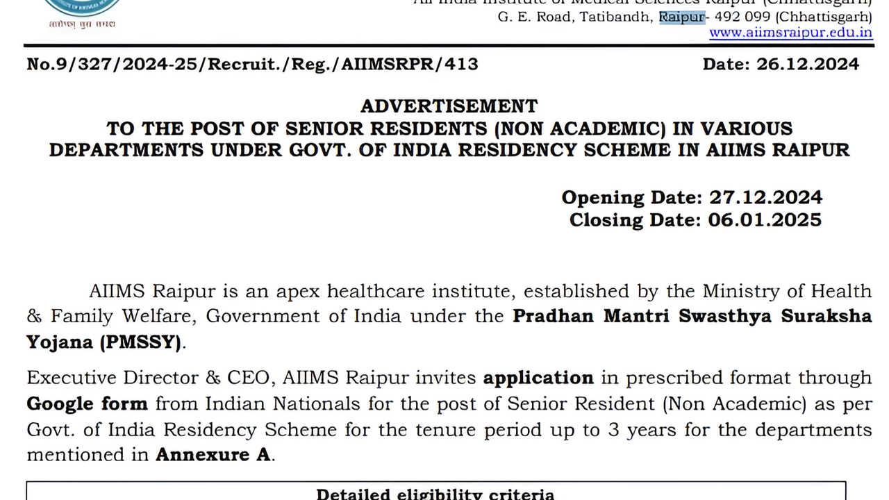 एम्स रायपुर सीनियर रेजिडेंट भर्ती 2025: 115 पदों के लिए ऑनलाइन आवेदन